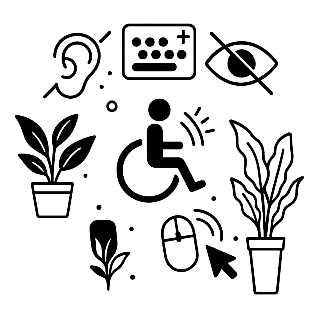 Collage aus barrierefreiheitsbezogenen Symbolen wie Rollstuhl, Ohr, durchgestrichenem Auge, Tastatur und Computermaus, ergänzt durch Pflanzen und einen Stuhl. Die schwarz-weiße Illustration ist klar und freundlich gestaltet, mit viel Weißraum und ohne Hintergrund.