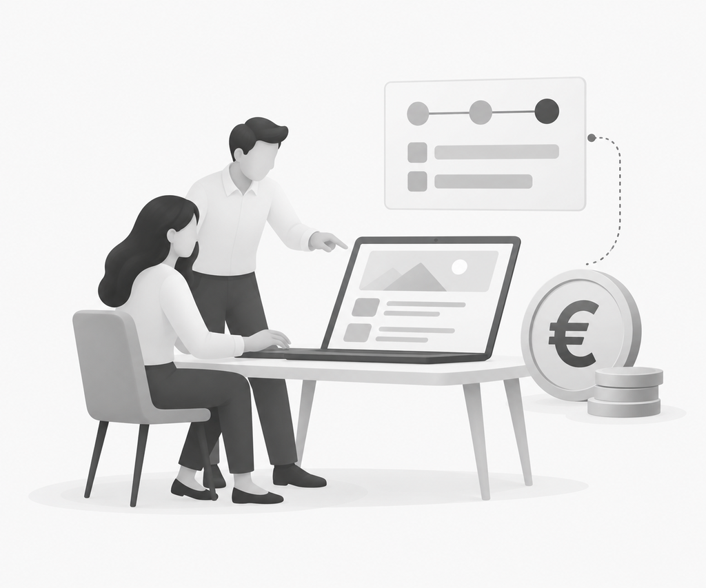 Schwarz-weiße Vektorgrafik: Drei Personen arbeiten gemeinsam an einem digitalen Projekt. Zwei sitzen an einem Tisch mit Laptops, eine dritte Person steht an einem Flipchart mit Code-Symbolen. Rechts daneben symbolisiert ein großer Fördertopf mit Euro-Zeichen und Pfeil den Geldfluss in das Projekt.